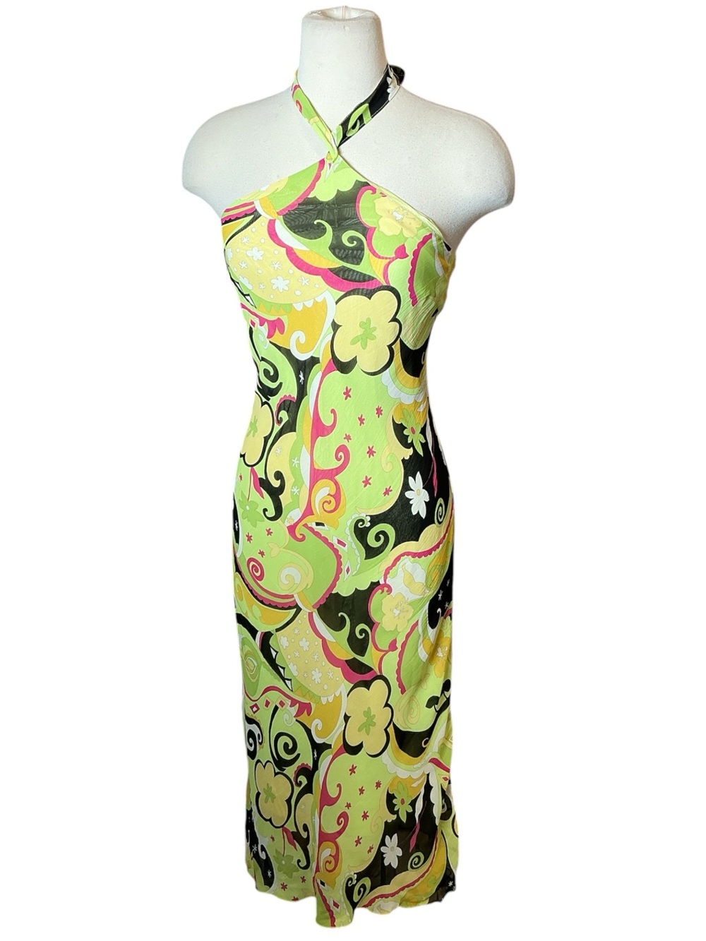 Y2K Rebecca Blu Pucci Inspired Halter Neon Party Dress Size M